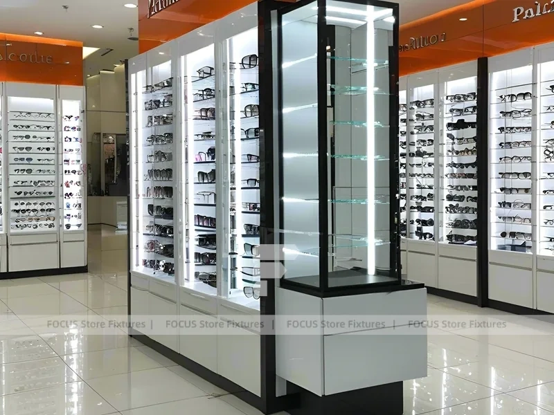 Blush Accent Optical Mall Display with Illuminated Pillar Towers