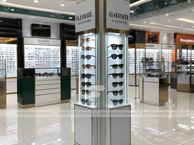 Blush Accent Optical Mall Display with Mirror-Lined Walkway