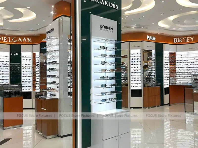 Blush Accent Optical Mall Display with Mirror-Lined Walkway