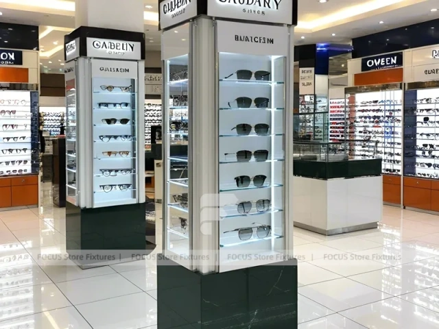 Blush Accent Optical Mall Display with Mirror-Lined Walkway