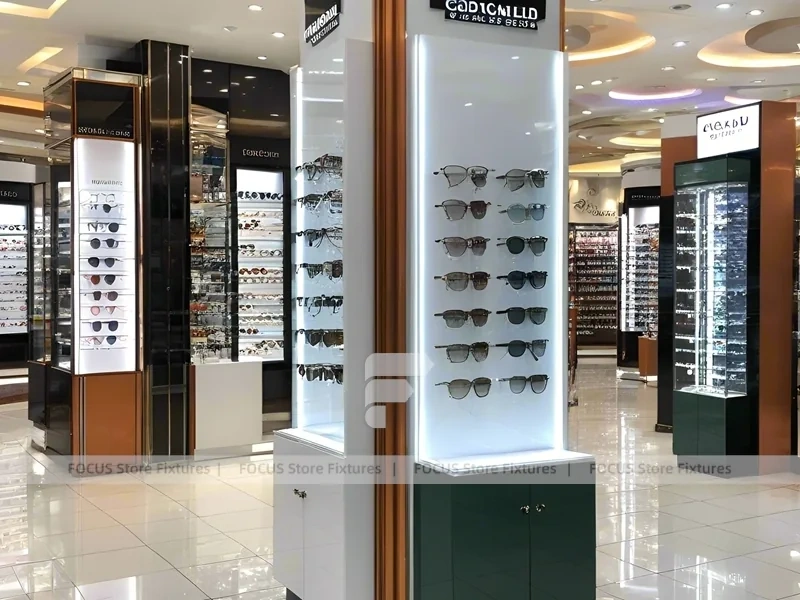 Blush Accent Optical Mall Display with Mirror-Lined Walkway
