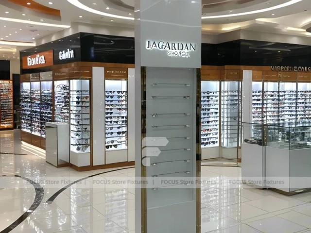 Blush Accent Optical Mall Display with Mirror-Lined Walkway