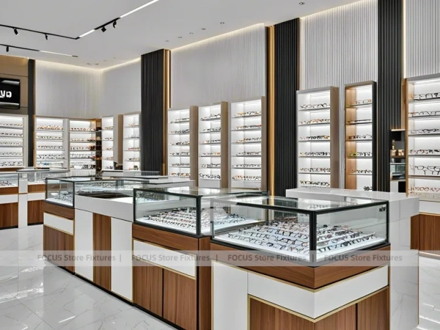 Contemporary White Eyewear Retail Layout with Modular Counter Cluster