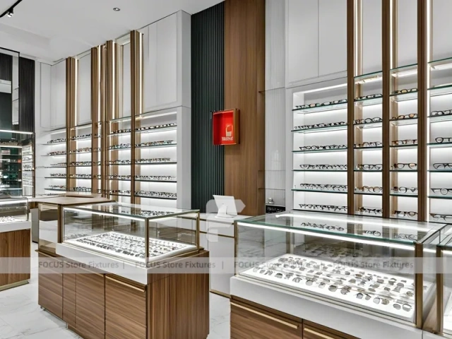Contemporary White Eyewear Retail Layout with Modular Counter Cluster