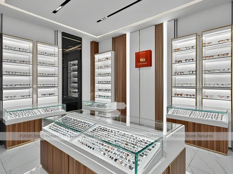 Contemporary White Eyewear Retail Layout with Modular Counter Cluster