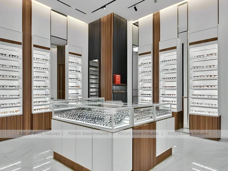 Contemporary White Eyewear Retail Layout with Modular Counter Cluster