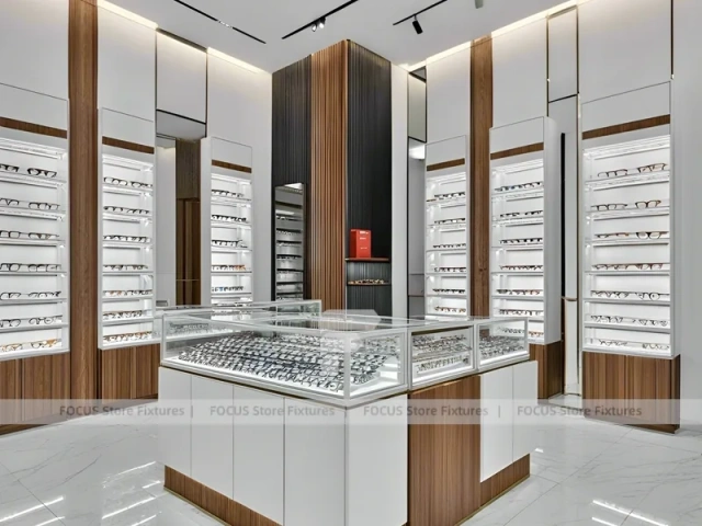 Contemporary White Eyewear Retail Layout with Modular Counter Cluster