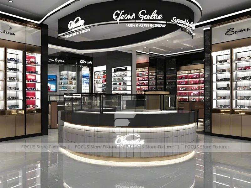 Dark Luxe Eyewear Prestige Store with Sculpted Island Counter