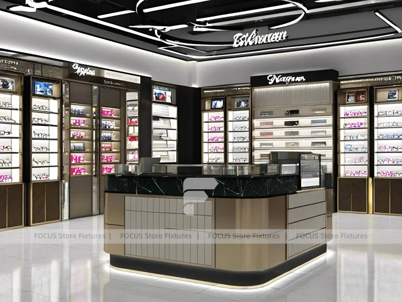 Dark Luxe Eyewear Prestige Store with Sculpted Island Counter