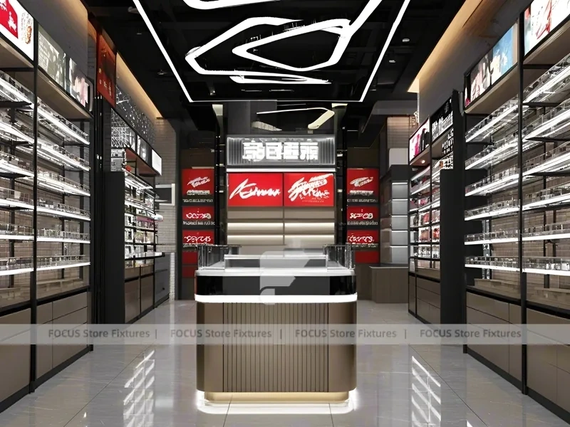 Dark Luxe Optical Luxury Boutique with Sculpted Island Counter