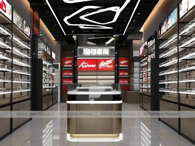 Dark Luxe Optical Luxury Boutique with Sculpted Island Counter