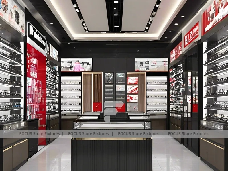 Dark Luxe Optical Luxury Boutique with Sculpted Island Counter