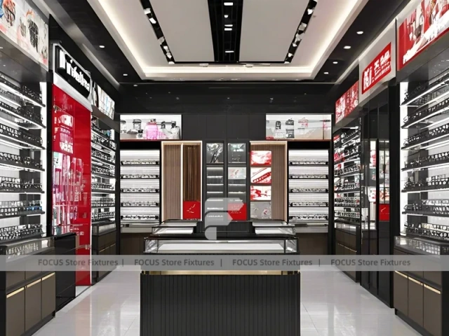 Dark Luxe Optical Luxury Boutique with Sculpted Island Counter
