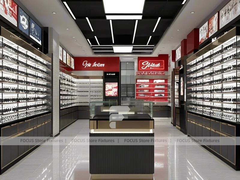 Dark Luxe Optical Luxury Boutique with Sculpted Island Counter