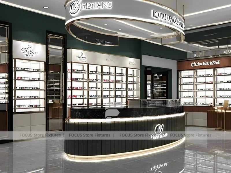 Dark Luxe Vision Flagship Interior with Sculpted Island Counter