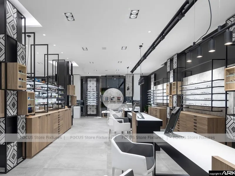 Design Studio Eyewear Consultation Interior with Teal Reception Corner