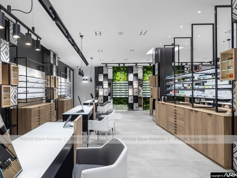 Design Studio Eyewear Consultation Interior with Teal Reception Corner