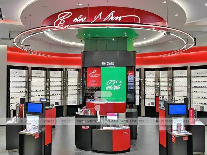 Dynamic Red Eyewear Brand Boutique with High-Contrast Wall Display