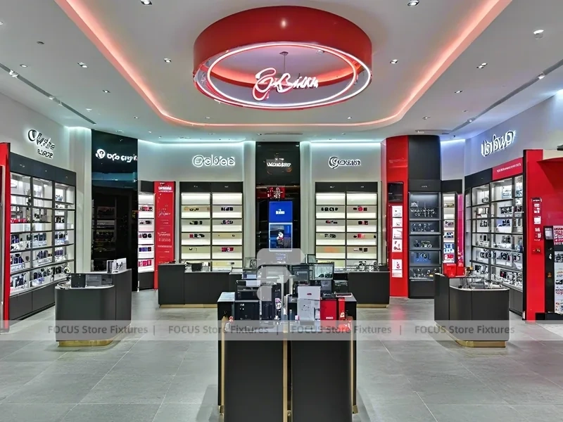 Dynamic Red Eyewear Brand Boutique with High-Contrast Wall Display