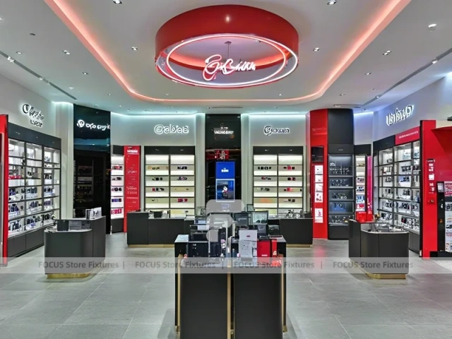 Dynamic Red Eyewear Brand Boutique with High-Contrast Wall Display