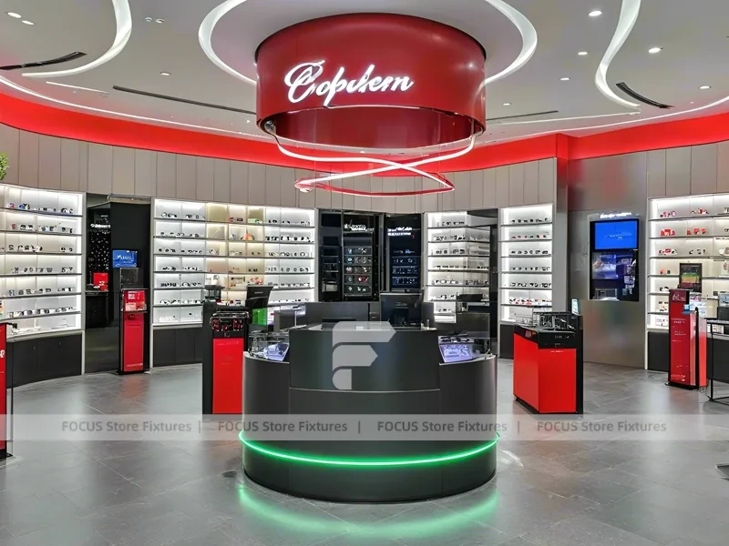 Dynamic Red Eyewear Brand Boutique with High-Contrast Wall Display