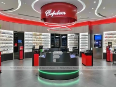 Dynamic Red Eyewear Brand Boutique with High-Contrast Wall Display