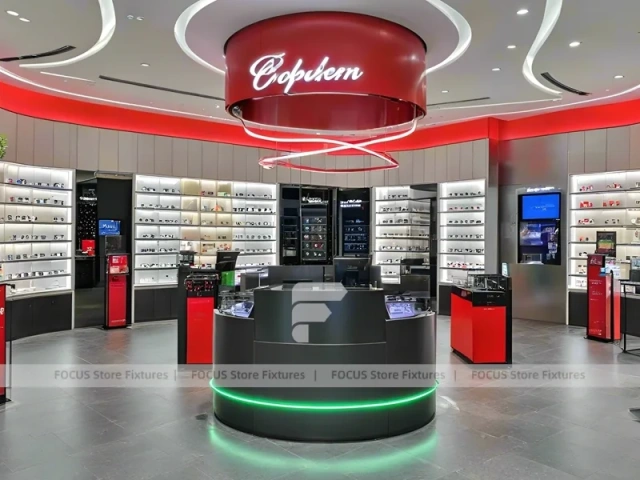 Dynamic Red Eyewear Brand Boutique with High-Contrast Wall Display