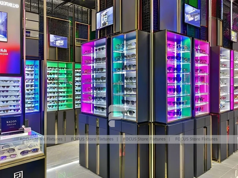 Dynamic Red Eyewear Brand Boutique with High-Contrast Wall Display