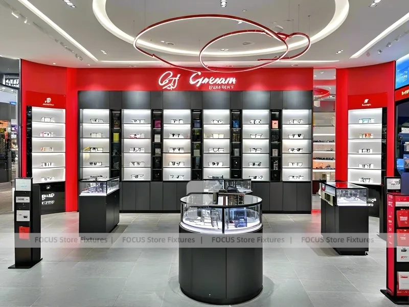 Dynamic Red Eyewear Brand Boutique with High-Contrast Wall Display