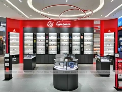 Dynamic Red Eyewear Brand Boutique with High-Contrast Wall Display