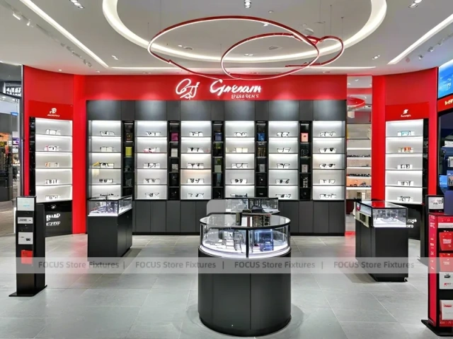 Dynamic Red Eyewear Brand Boutique with High-Contrast Wall Display