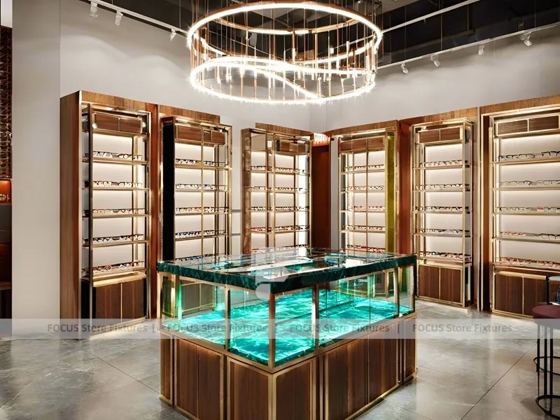 Emerald Luxe Eyewear Gallery Interior with Teal Framed Wall Display