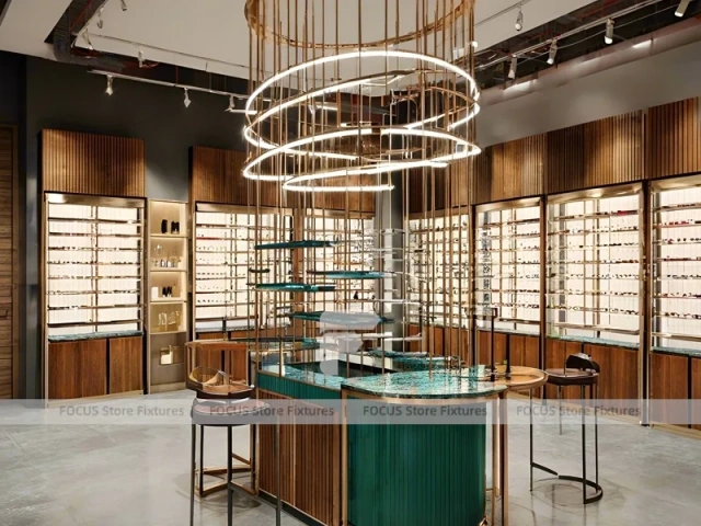 Emerald Luxe Eyewear Gallery Interior with Teal Framed Wall Display