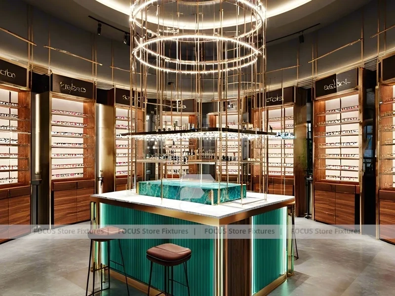 Emerald Luxe Eyewear Gallery Interior with Teal Framed Wall Display