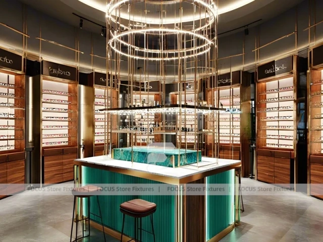 Emerald Luxe Eyewear Gallery Interior with Teal Framed Wall Display