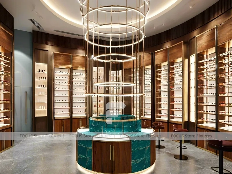 Emerald Luxe Eyewear Gallery Interior with Teal Framed Wall Display