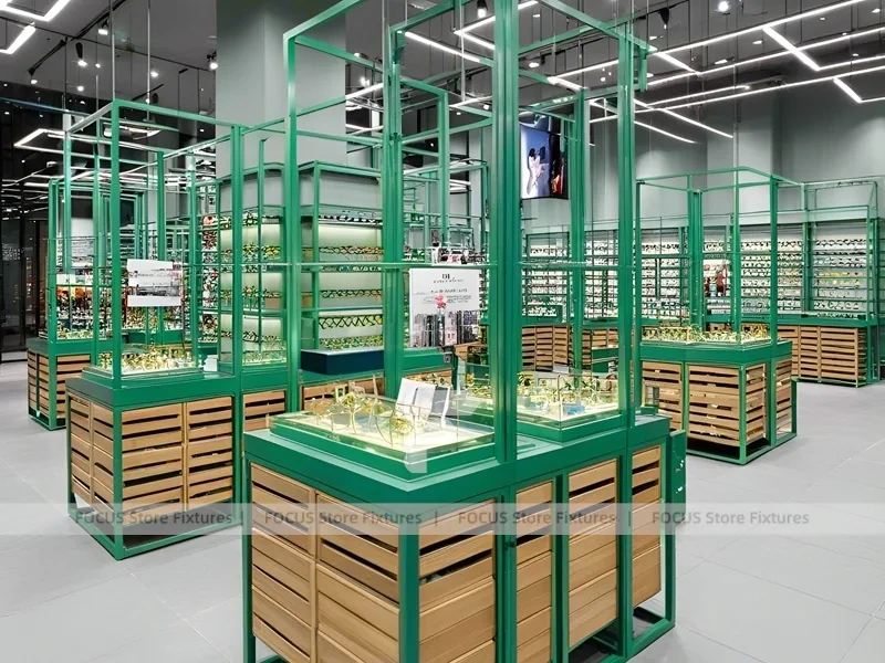 Emerald Luxe Vision Retail Showcase with Teal Framed Wall Display
