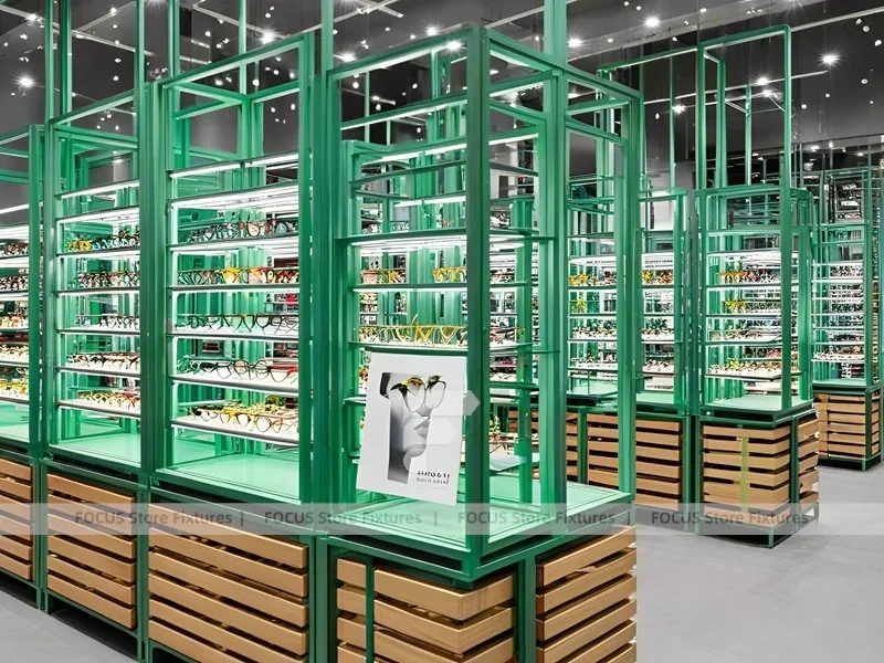 Emerald Luxe Vision Retail Showcase with Teal Framed Wall Display