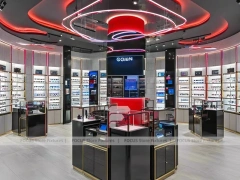 Gloss Red Vision Retail Stage with Curved Red Portal