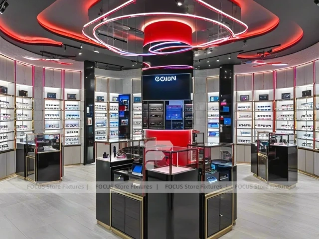Gloss Red Vision Retail Stage with Curved Red Portal