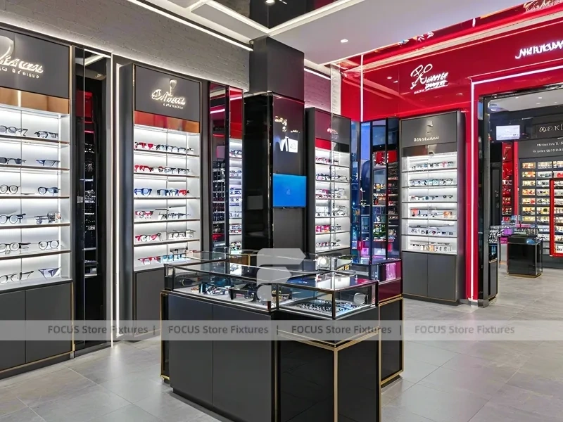 Gloss Red Vision Retail Stage with Curved Red Portal