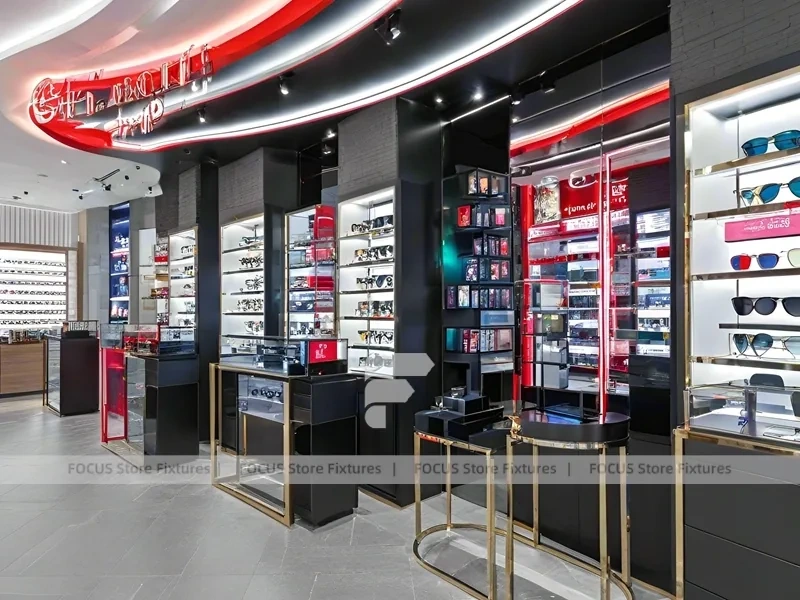 Gloss Red Vision Retail Stage with Curved Red Portal