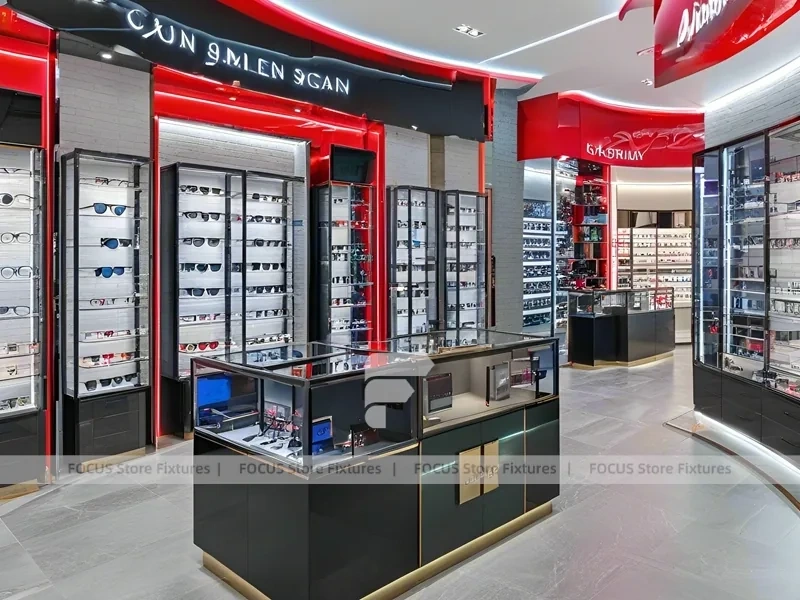 Gloss Red Vision Retail Stage with Curved Red Portal