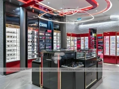 Gloss Red Vision Retail Stage with Curved Red Portal