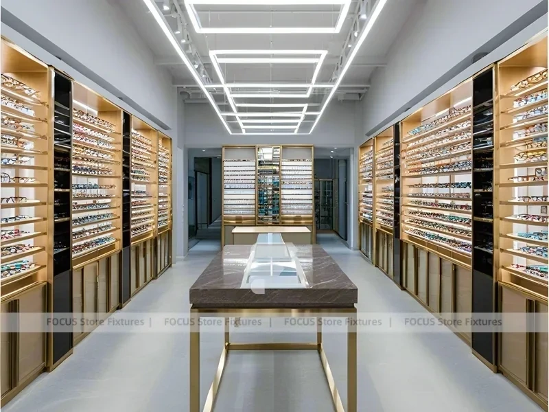 Gold Accent Optical Corridor Gallery for Premium Eyewear Boutique