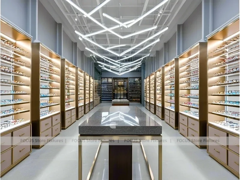 Gold Accent Optical Corridor Gallery for Premium Eyewear Boutique
