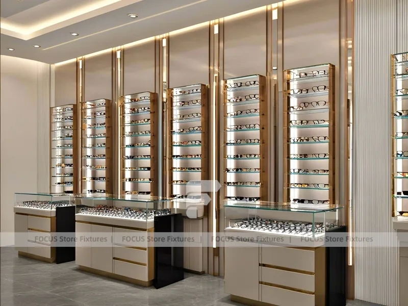 Gold Accent Optical Corridor Gallery with Slim Center Display Tables