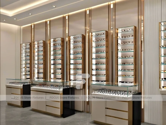 Gold Accent Optical Corridor Gallery with Slim Center Display Tables
