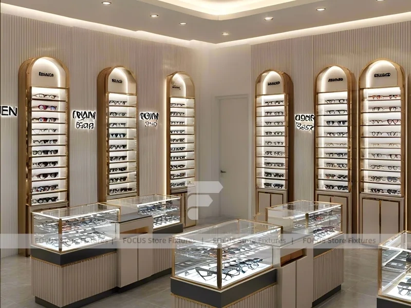 Gold Accent Optical Corridor Gallery with Slim Center Display Tables