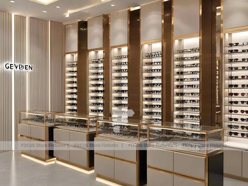 Gold Accent Optical Corridor Gallery with Slim Center Display Tables